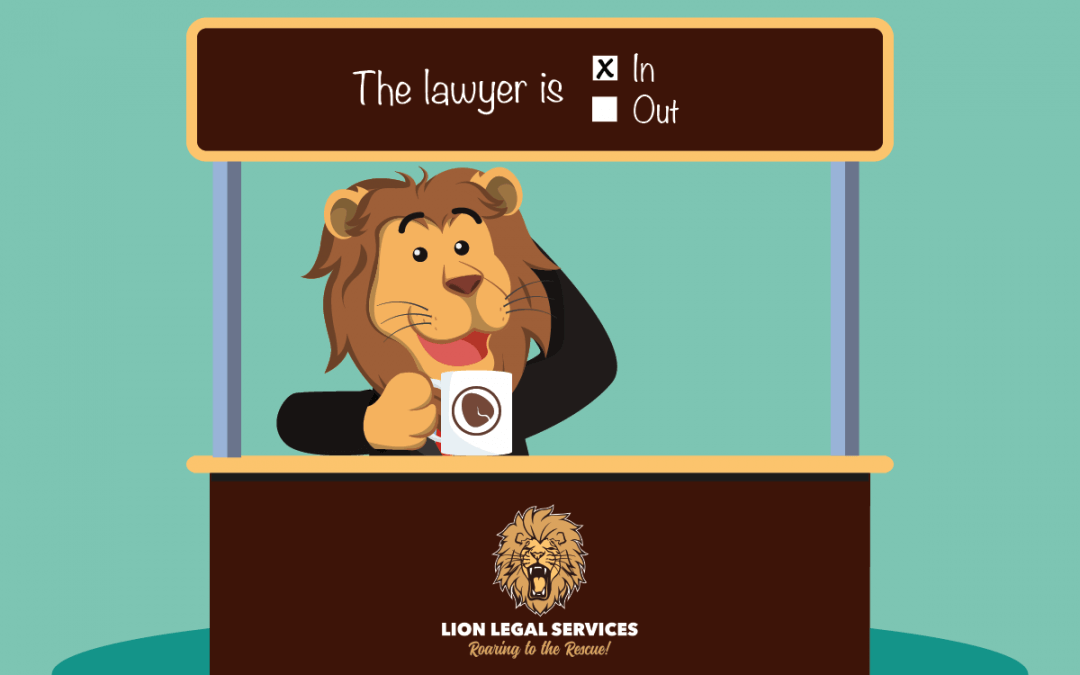 Cartoon image of lion lawyer in a booth, answering questions.